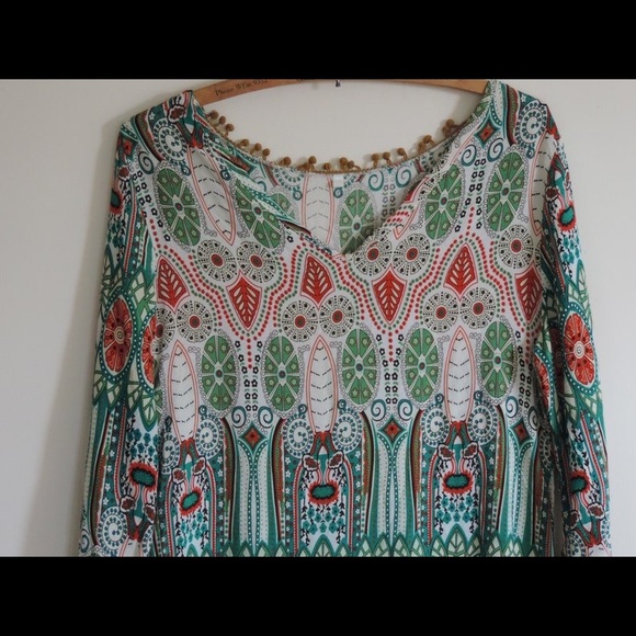 70's Style Tassle Trim Flower Hip 3/4 Length Sleeve Size Medium Dress - Picture 4 of 5